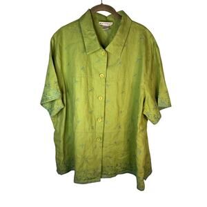 Dressbarn button-up shirt jacket embroidered floral 100% Linen green/blue 2X
